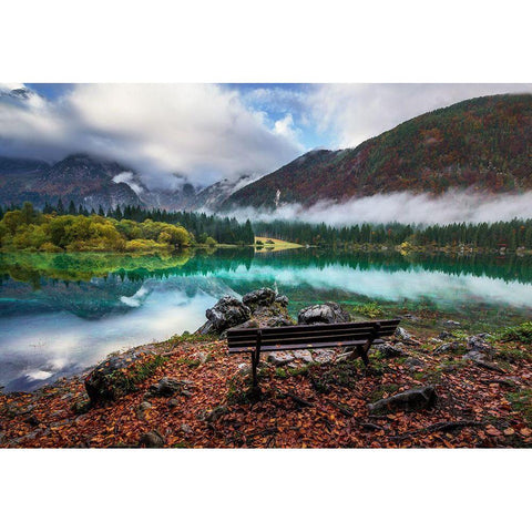 Bench By The Lake Black Modern Wood Framed Art Print with Double Matting by Krivec, Ales