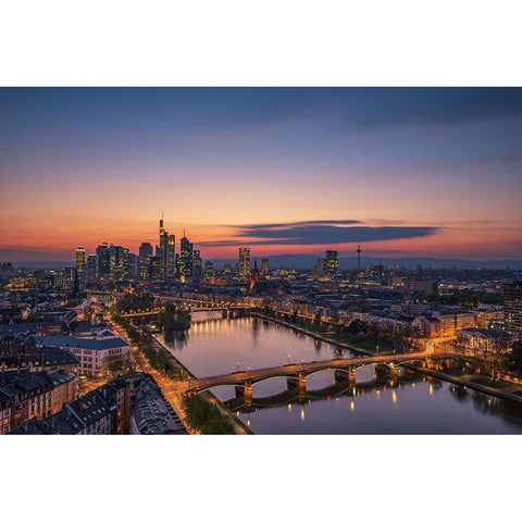 Frankfurt Skyline At Sunset Black Modern Wood Framed Art Print by Oelschlegel, Robin