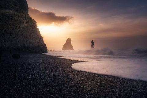 Reynisfjara Sunrise Black Ornate Wood Framed Art Print with Double Matting by Ruiz Dueso, Jorge