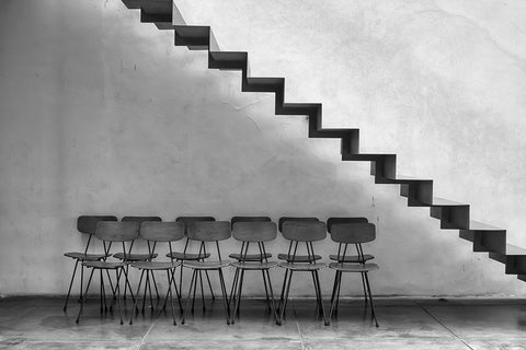 Chairs Tucked In White Modern Wood Framed Art Print with Double Matting by Erkmen, Ugur