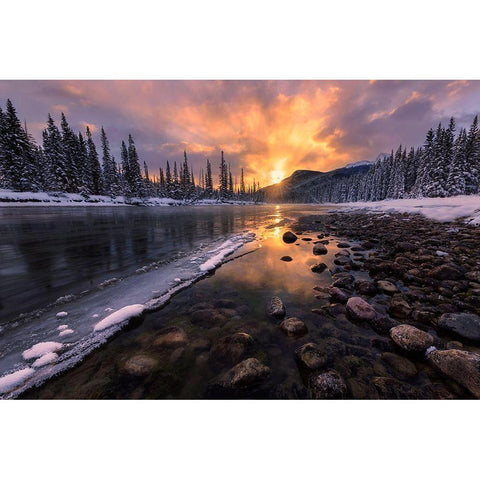 Icy Morning On Fire Black Modern Wood Framed Art Print by Wang, Yun