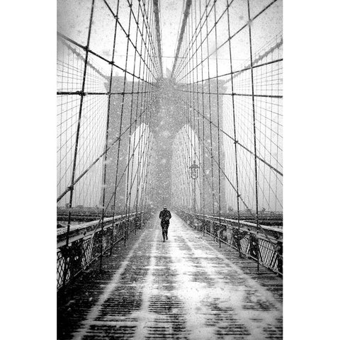 New York Walker in Blizzard - Brooklyn Bridge White Modern Wood Framed Art Print by Froyda, Martin