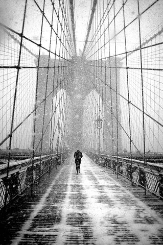 New York Walker in Blizzard - Brooklyn Bridge White Modern Wood Framed Art Print with Double Matting by Froyda, Martin