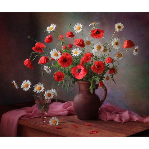 Still Life With A Bouquet Of Poppies And Chamomile Black Modern Wood Framed Art Print by Skorokhod, Tatyana