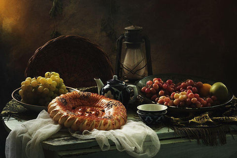 Stilllife  With Cake And Grapes Black Ornate Wood Framed Art Print with Double Matting by Ustinagreen