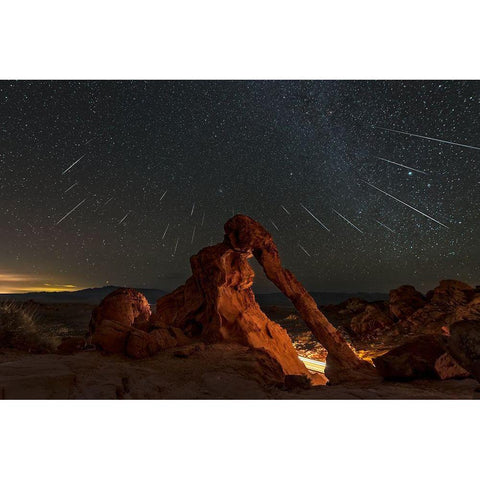 Geminid Meteor Shower Above The Elephant Rock White Modern Wood Framed Art Print by Zhu, Hua