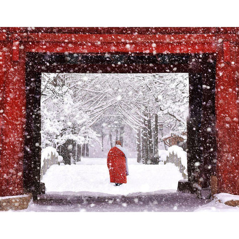 Monk In Snowy Day Gold Ornate Wood Framed Art Print with Double Matting by Namkoong, Bongok