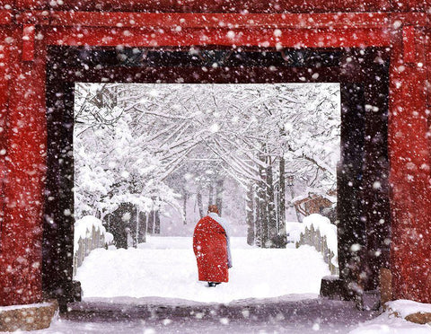 Monk In Snowy Day Black Ornate Wood Framed Art Print with Double Matting by Namkoong, Bongok