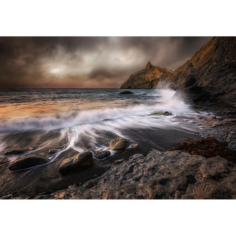 Storm At Kapchik Cape White Modern Wood Framed Art Print by Volkov, Kirill