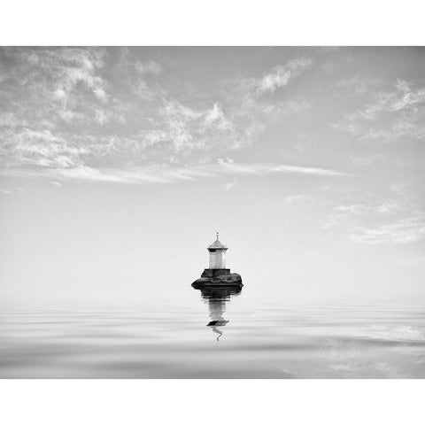 Lighthouse In Mist Black Modern Wood Framed Art Print with Double Matting by Lindsten, Christian
