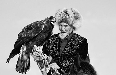 Eagle And Old Man White Modern Wood Framed Art Print with Double Matting by Shen, Shirley