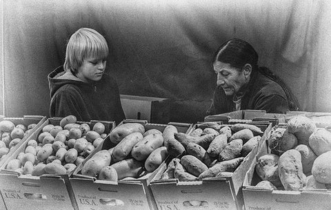 The Art Of Selling Potatos Black Ornate Wood Framed Art Print with Double Matting by Henrichs, Dan