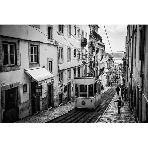 Tram In Lisbon Black Modern Wood Framed Art Print with Double Matting by Urrutia, Adolfo