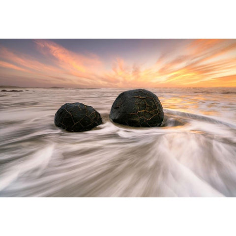 Moeraki Boulders Black Modern Wood Framed Art Print with Double Matting by Zhu, Jingshu