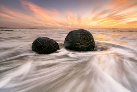 Moeraki Boulders White Modern Wood Framed Art Print with Double Matting by Zhu, Jingshu