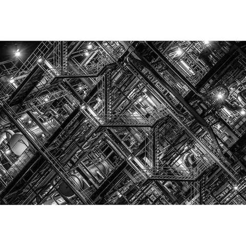 Factory Staircase Black Modern Wood Framed Art Print by Hara, Tomoshi