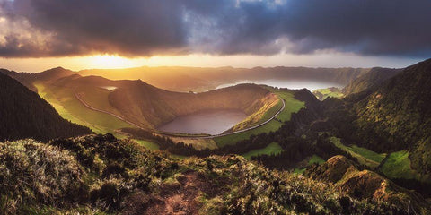 Azores - Sete Cidades Sunset Panorama White Modern Wood Framed Art Print with Double Matting by Claude Castor, Jean