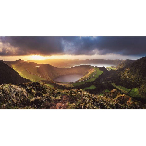 Azores - Sete Cidades Sunset Panorama Black Modern Wood Framed Art Print with Double Matting by Claude Castor, Jean
