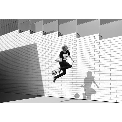 Boy With Football Black Modern Wood Framed Art Print with Double Matting by Schuster, Inge