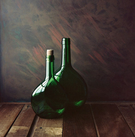 Two Green Bottles White Modern Wood Framed Art Print with Double Matting by Laercio, Luiz