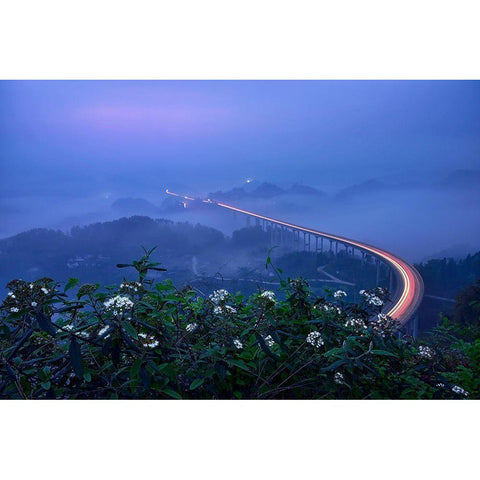 Bridge In Blue Hour White Modern Wood Framed Art Print by Xu, Mei