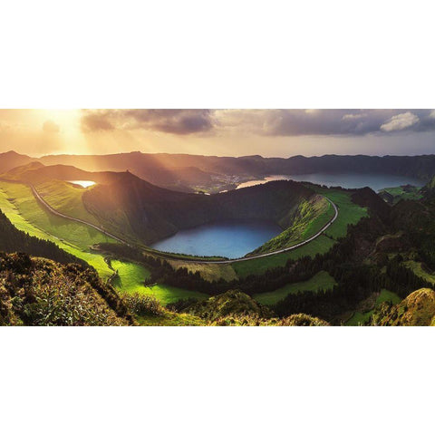 Azores - Sete Cidades Panorama Gold Ornate Wood Framed Art Print with Double Matting by Claude Castor, Jean