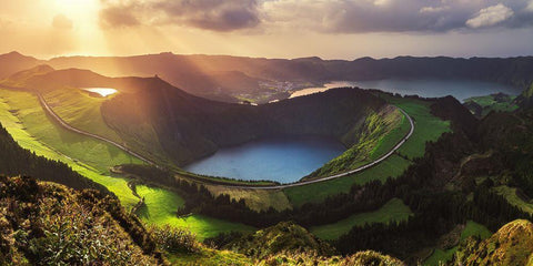 Azores - Sete Cidades Panorama White Modern Wood Framed Art Print with Double Matting by Claude Castor, Jean
