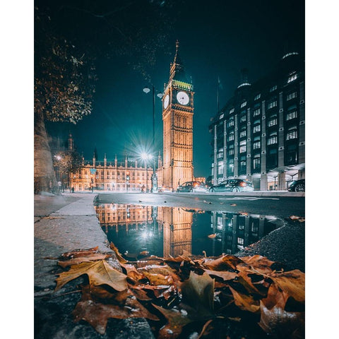 Big Ben Reflection White Modern Wood Framed Art Print by George, David