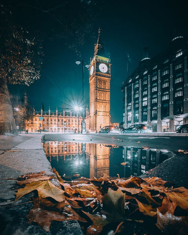 Big Ben Reflection Black Ornate Wood Framed Art Print with Double Matting by George, David