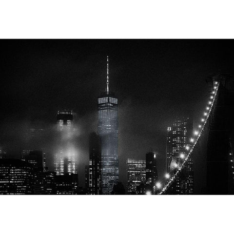 Night Cityscape From The Brooklyn Bridge Black Modern Wood Framed Art Print with Double Matting by Ramirez, Carlos