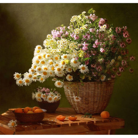 Still Life With A Basket Of Wildflowers White Modern Wood Framed Art Print by Skorokhod, Tatyana