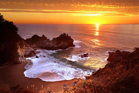 Mcway Falls At Sunset White Modern Wood Framed Art Print with Double Matting by Suradji, Surjanto