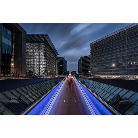 Into Brussels By Night Black Modern Wood Framed Art Print with Double Matting by Lecluse, Dirk