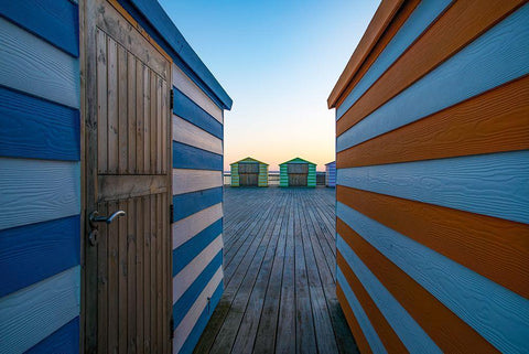 Beach Huts On The Pier White Modern Wood Framed Art Print with Double Matting by Wride, Linda