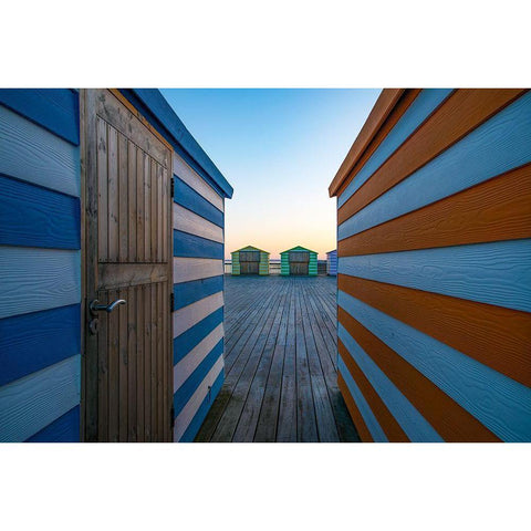 Beach Huts On The Pier Black Modern Wood Framed Art Print with Double Matting by Wride, Linda