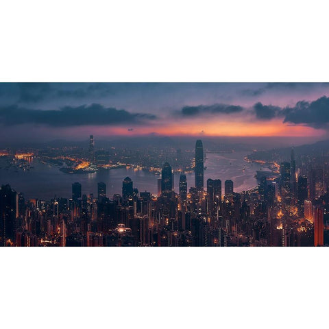 Sunrising Hong Kong Black Modern Wood Framed Art Print with Double Matting by De La, Javier