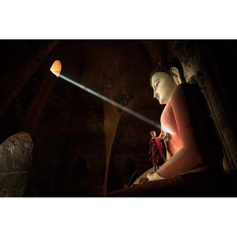 Cleaning The Buddha 2 White Modern Wood Framed Art Print by Song, Gunarto