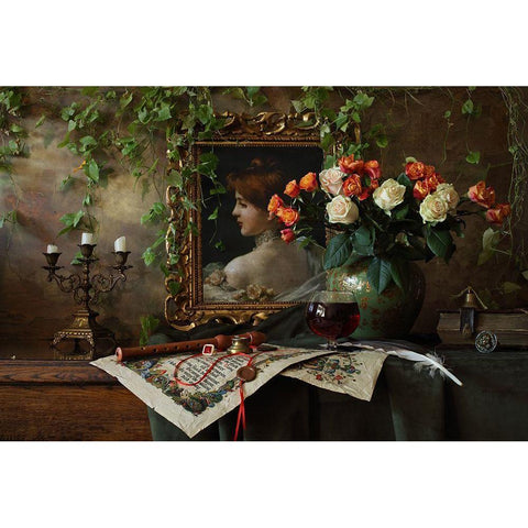 Still Life With Flowers And Picture Gold Ornate Wood Framed Art Print with Double Matting by Morozov, Andrey