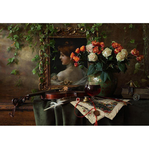 Still Life With Violin And Flowers Gold Ornate Wood Framed Art Print with Double Matting by Morozov, Andrey