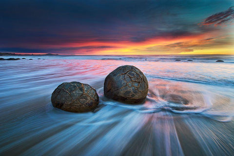 Moeraki Boulders White Modern Wood Framed Art Print with Double Matting by Zhang, Yan