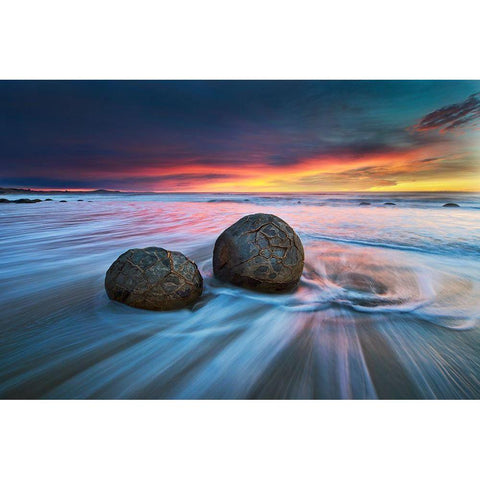 Moeraki Boulders Black Modern Wood Framed Art Print with Double Matting by Zhang, Yan