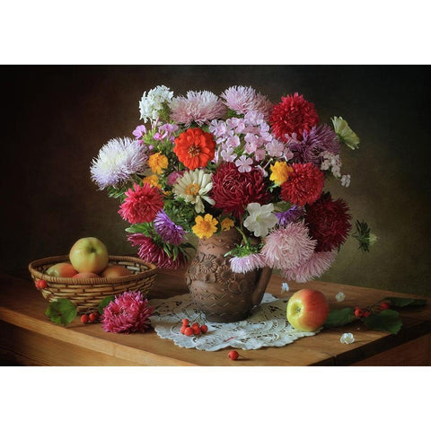 Still Life With A Bouquet Of Flowers And Apples Gold Ornate Wood Framed Art Print with Double Matting by Skorokhod, Tatyana