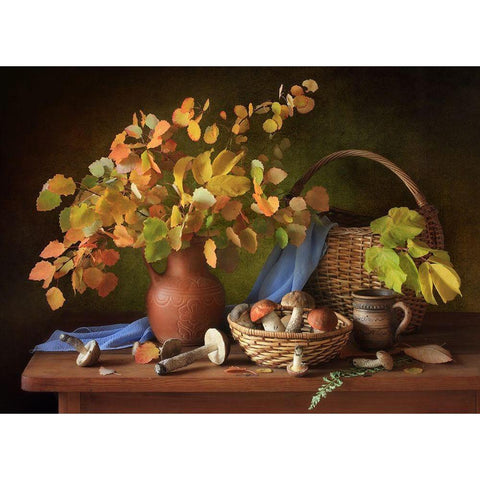 Autumn Still Life With Mushrooms White Modern Wood Framed Art Print by Skorokhod, Tatyana