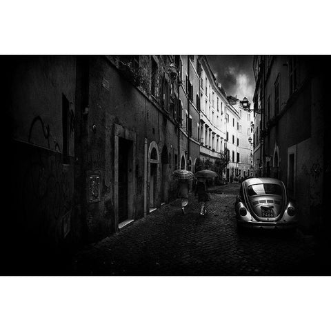 Car On The Alley Black Modern Wood Framed Art Print with Double Matting by Quaglia, Nicodemo