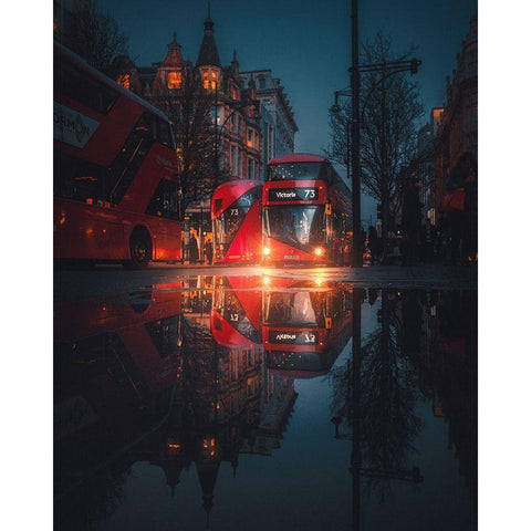 London Night Reflections Black Modern Wood Framed Art Print with Double Matting by George, David