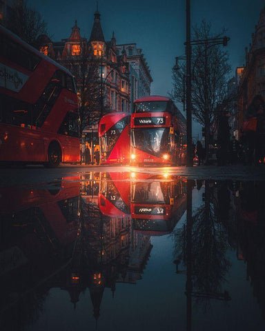 London Night Reflections Black Ornate Wood Framed Art Print with Double Matting by George, David