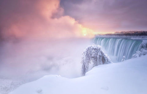 Sunrise At Niagara Falls White Modern Wood Framed Art Print with Double Matting by Deng, Larry