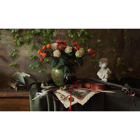 Still Life With Violin And Flowers White Modern Wood Framed Art Print by Morozov, Andrey