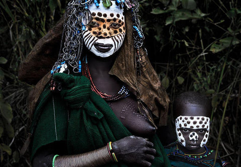 Surma Tribe Woman And Her Child - Ethiopia. White Modern Wood Framed Art Print with Double Matting by Inazio Kuesta, Joxe