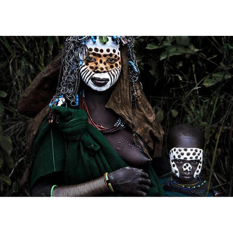 Surma Tribe Woman And Her Child - Ethiopia. Gold Ornate Wood Framed Art Print with Double Matting by Inazio Kuesta, Joxe